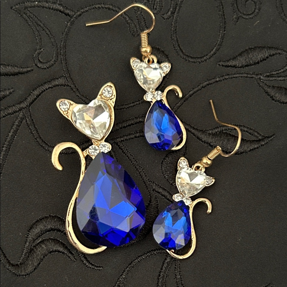 Gold-Tone Cat Earrings and Pendant with Sapphire Blue Teardrop Crystals